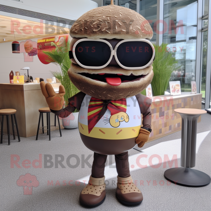 Brown Burgers mascot costume character dressed with a Graphic Tee and Sunglasses