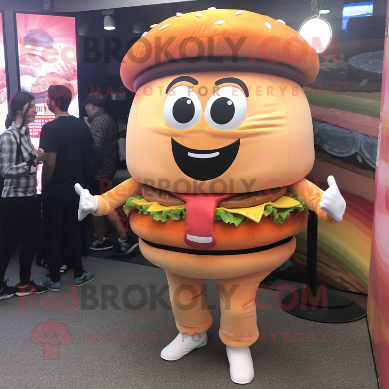 Peach Hamburger mascot costume character dressed with a Jeggings and Belts Peach Hamburger mascot costume character dressed with a Jeggings and Belts