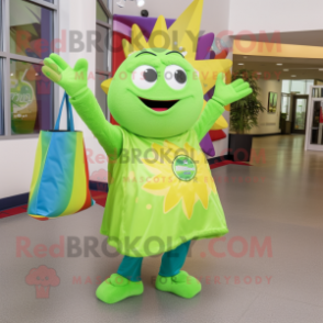 Lime Green Ray mascot costume character dressed with a Flare Jeans and Tote bags