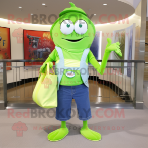 Lime Green Ray mascot costume character dressed with a Flare Jeans and Tote bags