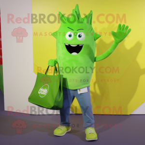 Lime Green Ray mascot costume character dressed with a Flare Jeans and Tote bags