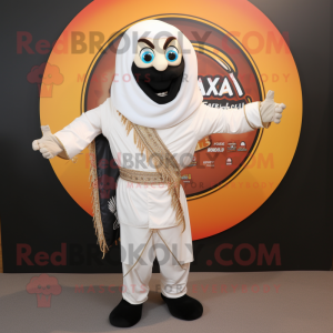 White Tikka Masala mascot costume character dressed with a Biker Jacket and Shawl pins