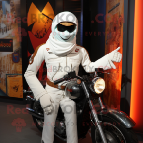 White Tikka Masala mascot costume character dressed with a Biker Jacket and Shawl pins