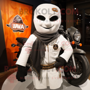 White Tikka Masala mascot costume character dressed with a Biker Jacket and Shawl pins