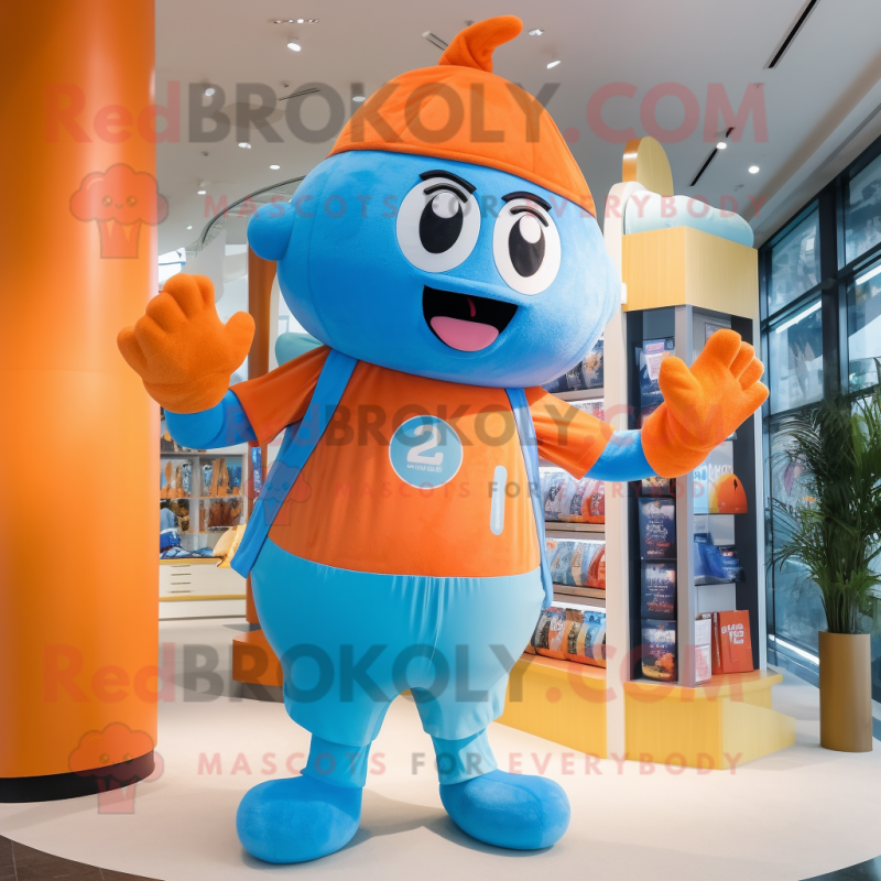 Cyan Orange mascot costume character dressed with a Shorts and Suspenders