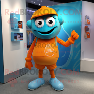 Cyan Orange mascot costume character dressed with a Shorts and Suspenders