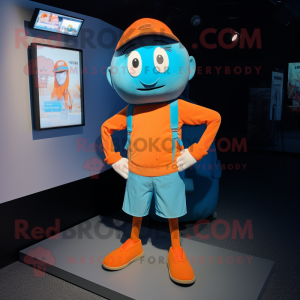 Cyan Orange mascot costume character dressed with a Shorts and Suspenders