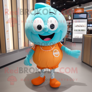 Cyan Orange mascot costume character dressed with a Shorts and Suspenders