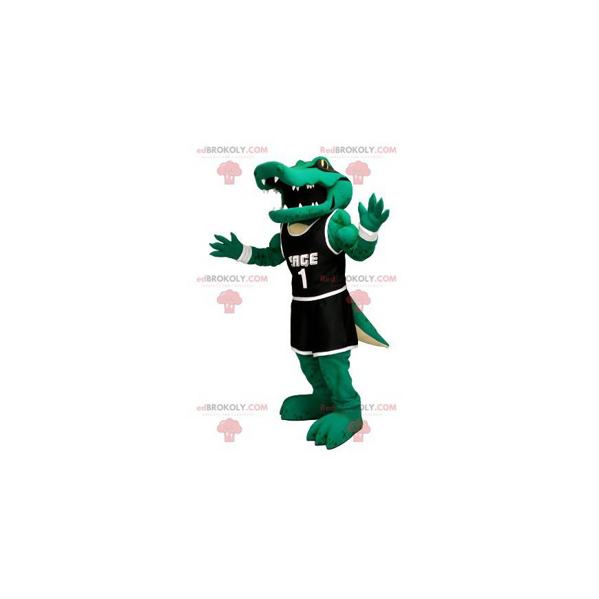 Mascotte de crocodile vert en tenue de sport noire -
