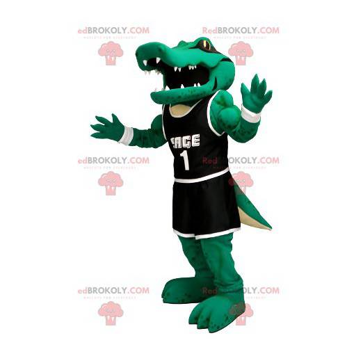 Mascote crocodilo verde em roupa esportiva preta -