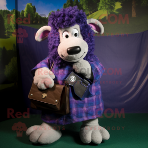 Purple Suffolk Sheep mascot costume character dressed with a Flannel Shirt and Wallets