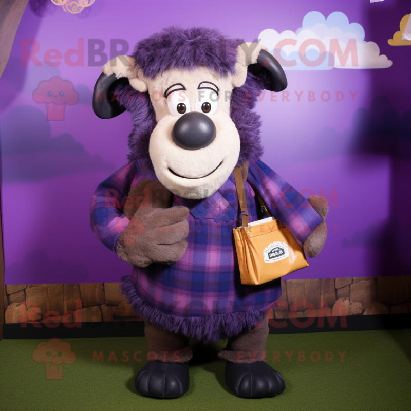 Purple Suffolk Sheep mascot costume character dressed with a Flannel Shirt and Wallets