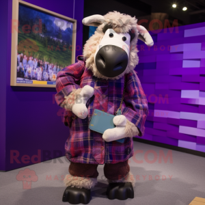 Purple Suffolk Sheep mascot costume character dressed with a Flannel Shirt and Wallets
