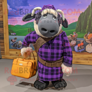 Purple Suffolk Sheep mascot costume character dressed with a Flannel Shirt and Wallets