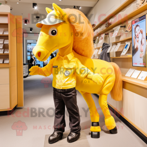 Yellow Mare mascot costume character dressed with a Chinos and Shoe laces