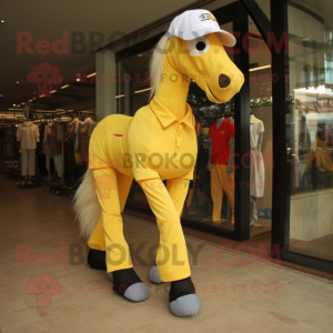 Yellow Mare mascot costume character dressed with a Chinos and Shoe laces