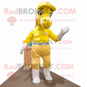 Yellow Mare mascot costume character dressed with a Chinos and Shoe laces