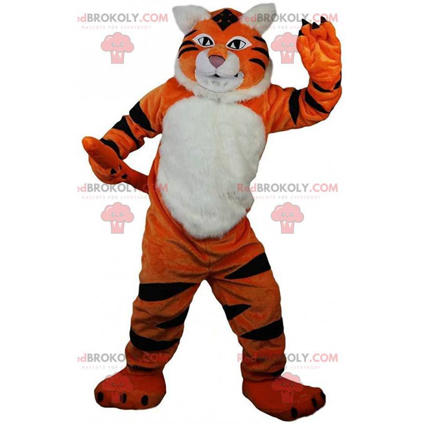 Orange, white and black tiger mascot, wild animal costume -