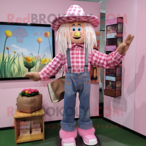Pink Scarecrow mascot costume character dressed with a Flannel Shirt and Coin purses