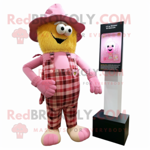 Pink Scarecrow mascot costume character dressed with a Flannel Shirt and Coin purses