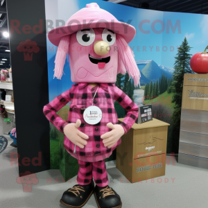 Pink Scarecrow mascot costume character dressed with a Flannel Shirt and Coin purses