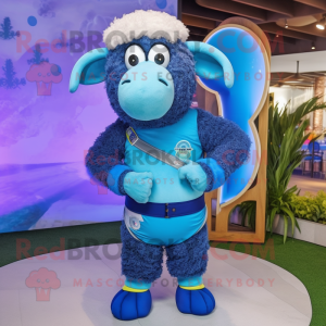 Blue Sheep mascot costume character dressed with a Rash Guard and Bracelets