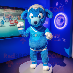 Blue Sheep mascot costume character dressed with a Rash Guard and Bracelets