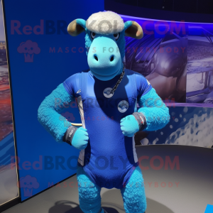 Blue Sheep mascot costume character dressed with a Rash Guard and Bracelets