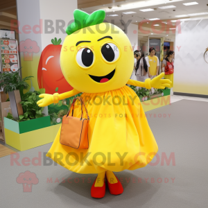 Yellow Tomato mascot costume character dressed with a Dress and Clutch bags