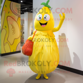 Yellow Tomato mascot costume character dressed with a Dress and Clutch bags