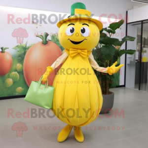 Yellow Tomato mascot costume character dressed with a Dress and Clutch bags