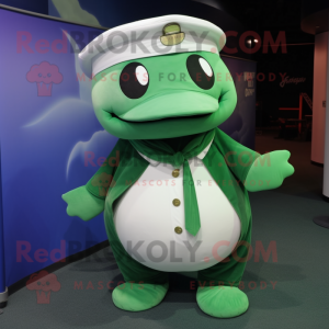 Green Whale mascot costume character dressed with a Poplin Shirt and Hat pins