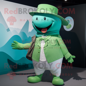 Green Whale mascot costume character dressed with a Poplin Shirt and Hat pins