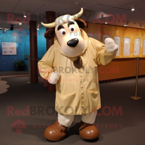 Cream Cow mascot costume character dressed with a Jacket and Shoe laces