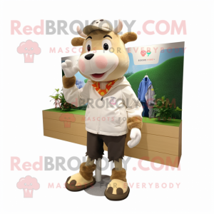 Cream Cow mascot costume character dressed with a Jacket and Shoe laces