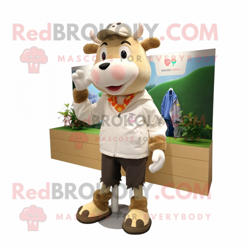 Cream Cow mascot costume character dressed with a Jacket and Shoe laces Cream Cow mascot costume character dressed with a Jacket and Shoe laces