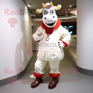 Cream Cow mascot costume character dressed with a Jacket and Shoe laces