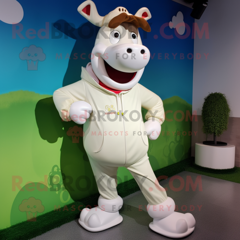 Cream Cow mascot costume character dressed with a Jacket and Shoe laces