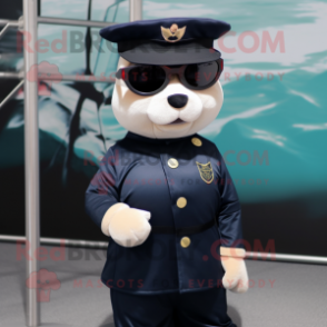 Navy Army Soldier mascot costume character dressed with a Empire Waist Dress and Sunglasses