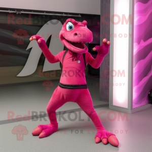 Magenta Utahraptor mascot costume character dressed with a Yoga Pants and Gloves