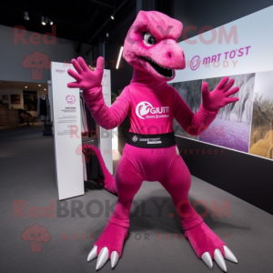 Magenta Utahraptor mascot costume character dressed with a Yoga Pants and Gloves