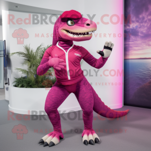 Magenta Utahraptor mascot costume character dressed with a Yoga Pants and Gloves