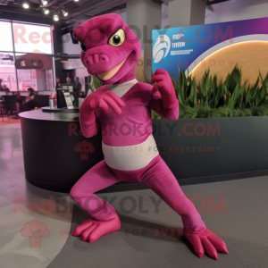 Magenta Utahraptor mascot costume character dressed with a Yoga Pants and Gloves