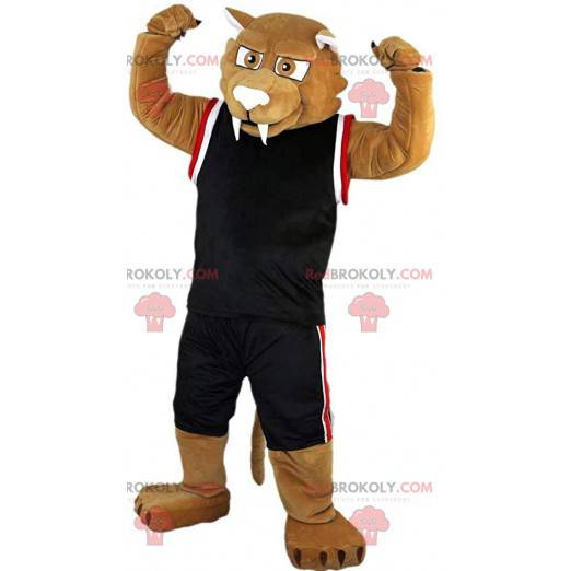 Mascote tigre dente de sabre bege em roupas esportivas -