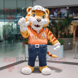 Peach Saber-Toothed Tiger mascot costume character dressed with a Bootcut Jeans and Bracelet watches