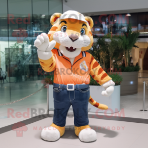 Peach Saber-Toothed Tiger mascot costume character dressed with a Bootcut Jeans and Bracelet watches