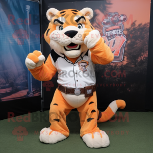 Peach Saber-Toothed Tiger mascot costume character dressed with a Bootcut Jeans and Bracelet watches