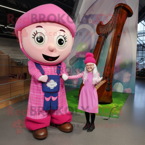 Pink Celtic Harp mascot costume character dressed with a Dungarees and Watches