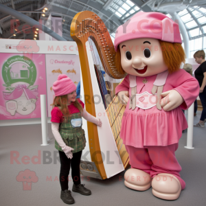 Pink Celtic Harp mascot costume character dressed with a Dungarees and Watches