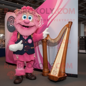 Pink Celtic Harp mascot costume character dressed with a Dungarees and Watches